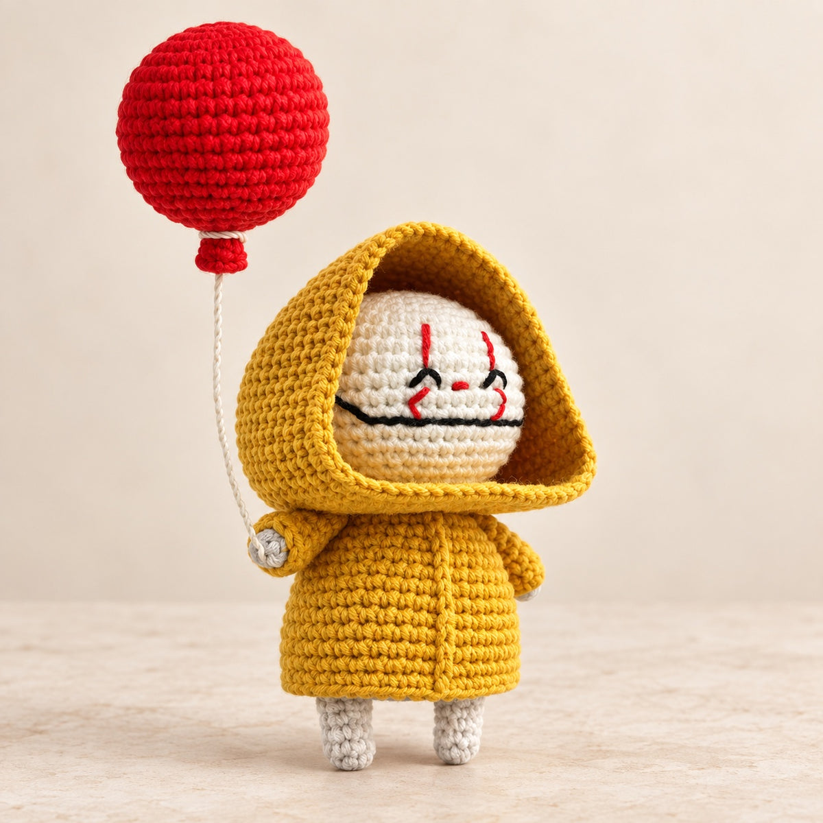 Gehäkelte Kapuzenfigur mit rotem Ballon als Projektbeispiel