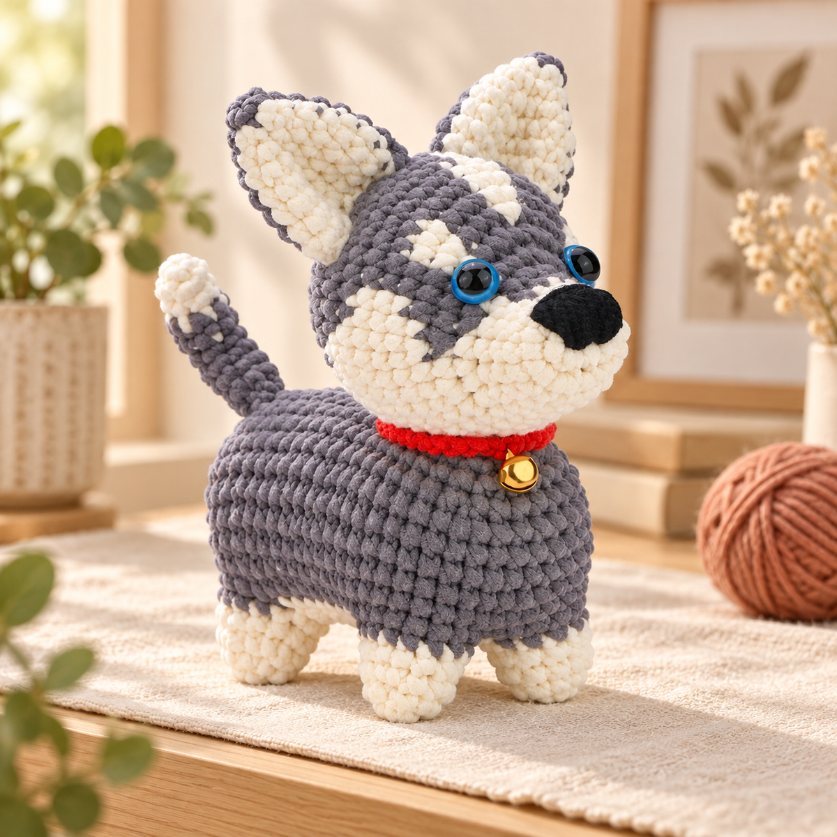 Gehäkelter Husky mit rotem Halsband und Glöckchen in warmer Fadumi-Produktfotografie