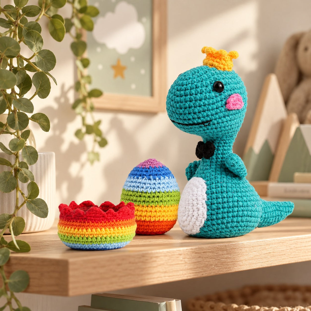 Blauer Häkel-Dinosaurier mit bunten Eiern als Dekoration auf einem Holzregal