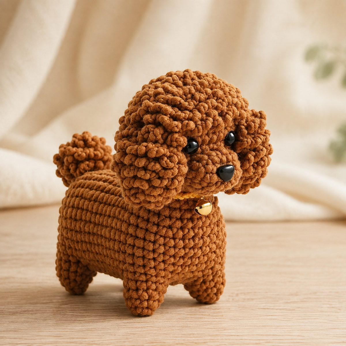Brauner gehäkelter Teddy-Hund mit lockigem Fell und kleinem Glöckchen in Premium-Produktfotografie