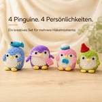 Vier gehäkelte Pinguine mit dem Text 4 Pinguine, 4 Persönlichkeiten